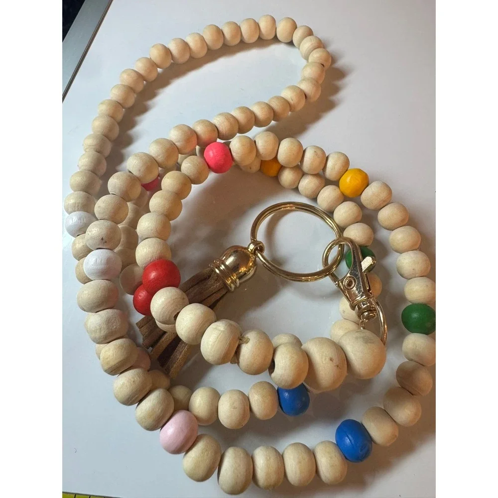 Natural Wood Beaded Lanyard Keychain with Colorful Accents and‎ Tassel Gold Tone